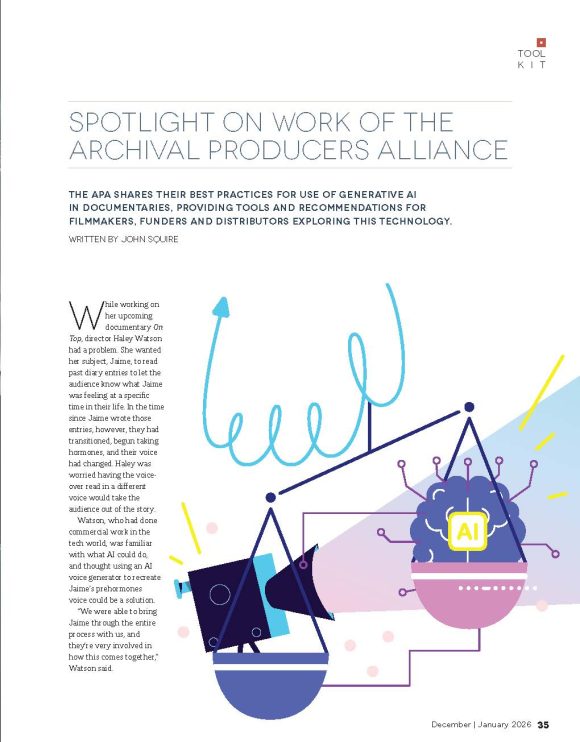 SPOTLIGHT ON WORK OF THE ARCHIVAL PRODUCERS ALLIANCE The APA shares their Best Practices for Use of Generative AI in Documentaries, Providing Tools and Recommendations for Filmmakers, Funders and Distributors Exploring This Technology.